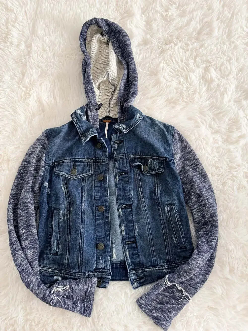 Free People Knit Hooded Distressed Denim Jacket Size XS - Picture 1 of 2